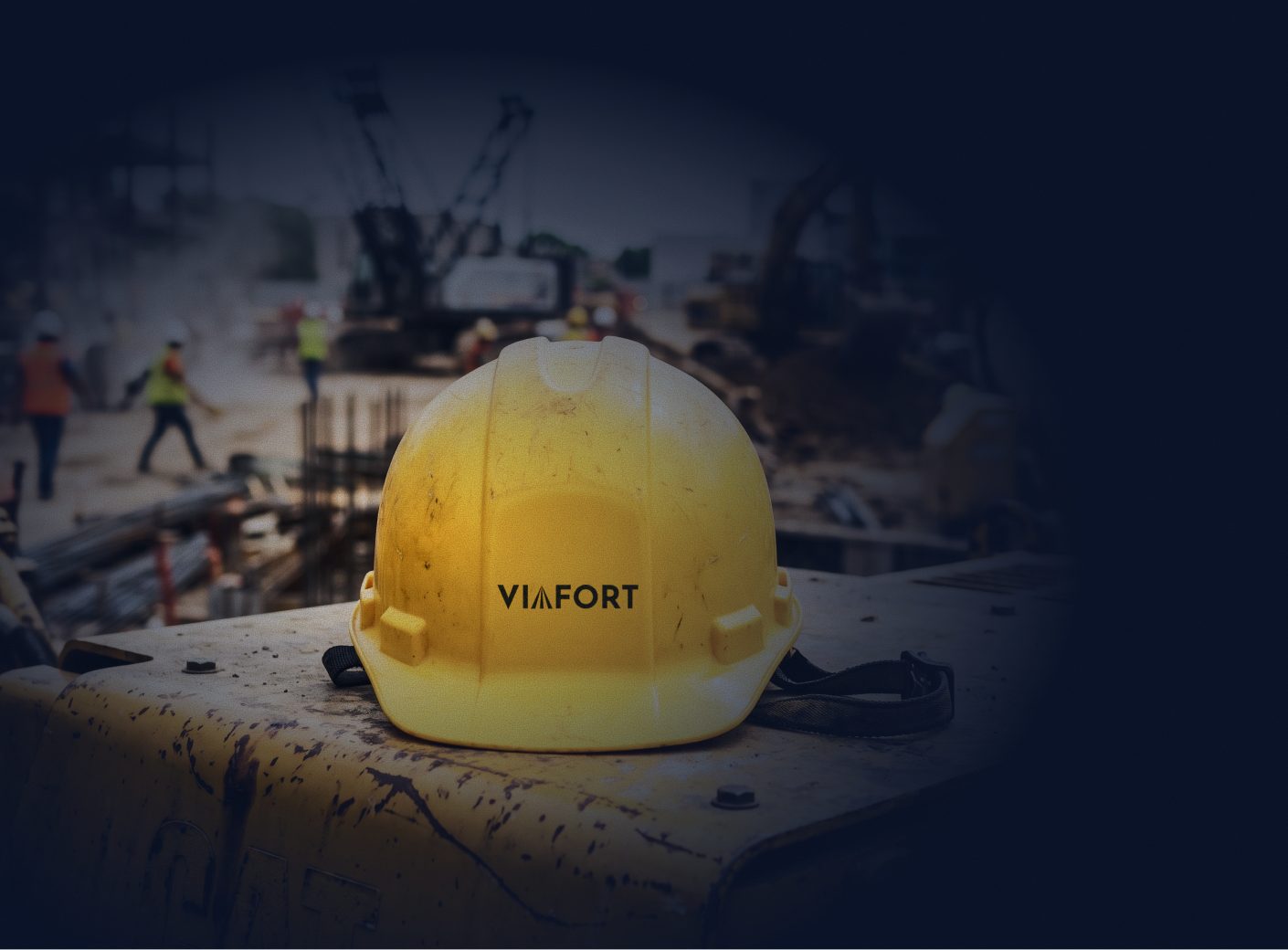 Viafort feliratú sárga védősisak építési területen